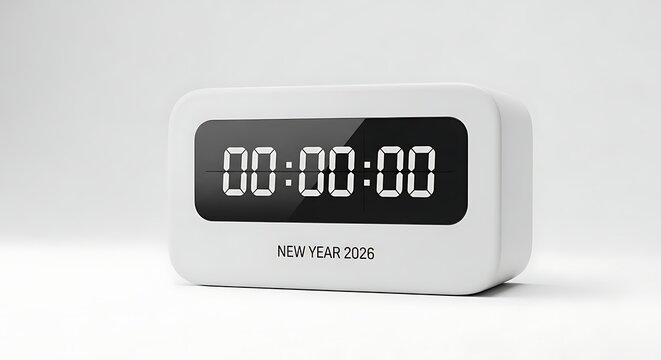 A 3D Render of a high-end, matte white ceramic digital countdown timer displaying 00:00:00 for the new year 2026, - Powered by Adobe