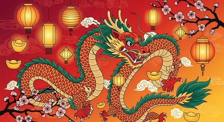 Obraz premium Chinese New Year Dragon Celebration with Lanterns and Blossoms.