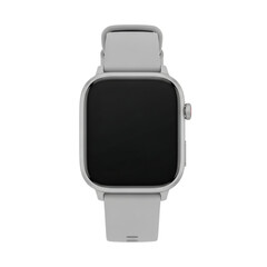 A sleek modern smartwatch with a rectangular face and light gray band on transparent background
