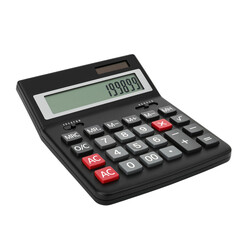 A black electronic calculator with a digital display and red function buttons isolated on transparent background