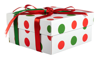 Polka-dotted gift box with red & green ribbon, isolated on black