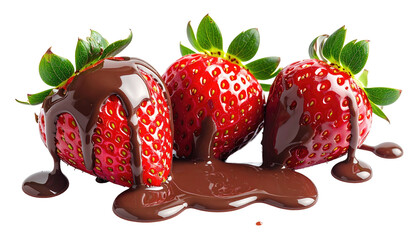 Three juicy strawberries covered in rich, dark melted chocolate