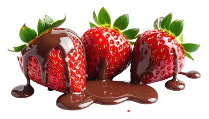 Three juicy strawberries covered in rich, dark melted chocolate