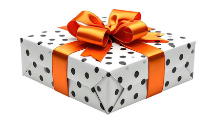 Square gift box with white paper, black spots, and orange ribbon