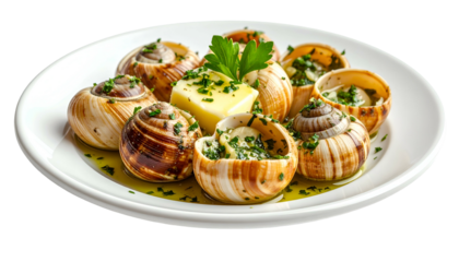 Escargots in their shells, bathed in herb butter, served on a white plate
