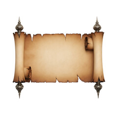 An ancient parchment scroll with ornate metal tops ideal for designs on transparent background high quality