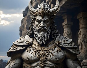 Regal stone statue of a fierce, horned figure with ornate armor