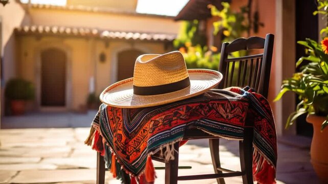 A straw hat with a black band rests on a colorful blanket draped over a wooden chair outdoors.