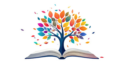 A book opens to reveal a colorful tree of knowledge with floating leaves