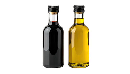Two glass bottles, one dark, one golden, on a black background