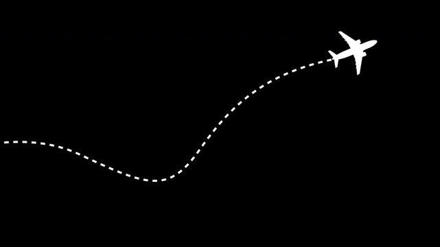 Airplane line path animation, airplane flight route with start points animation on transparent background. Airplane Running on Dash Track plane icon 4K