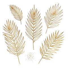 Several detailed golden botanical illustrations of palm fronds and scattered specks against a clean white background