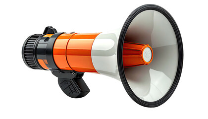 Orange and white megaphone with black handle on a black background