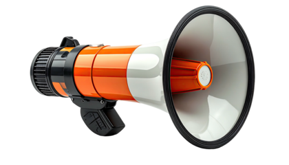 Orange and white megaphone with black handle on a black background