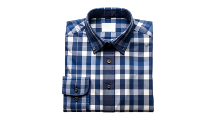 Folded blue and white checkered dress shirt on a black background, top-down view