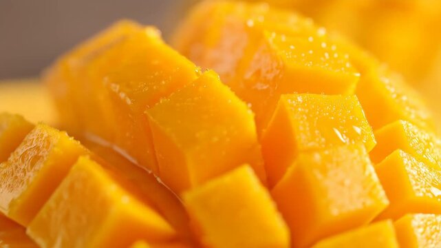Close-up shot of a diced ripe mango, showcasing its vibrant yellow color and juicy texture.