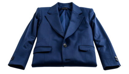 Isolated overhead view of a dark blue, single-breasted blazer with folded sleeves