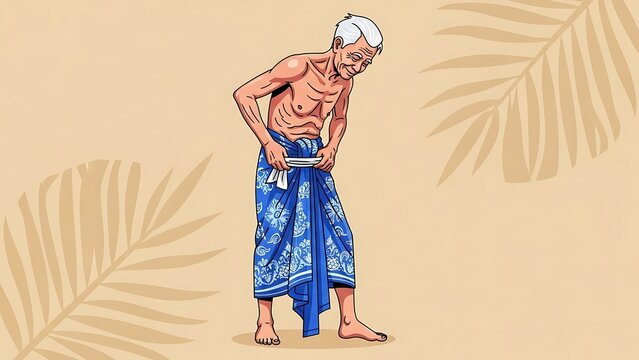 Elderly man in blue sarong standing.