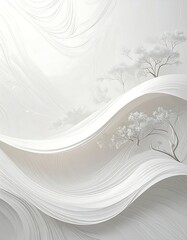 Serene, ethereal landscape featuring stylized trees nestled amidst flowing, abstract white waves and soft gradients creating a calm ambiance