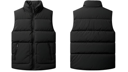 Detailed view of a black quilted puffer vest presented from both front and back on
