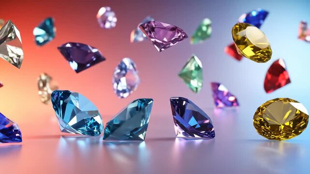 A collection of various colorful gemstones floating against a gradient background, sparkling in the light.
