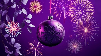 A purple Christmas bauble with ornate design hangs against a background of fireworks and foliage