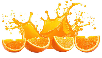 Orange juice splash with orange slices, bright and vibrant