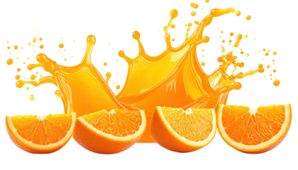 Orange juice splash with orange slices, bright and vibrant
