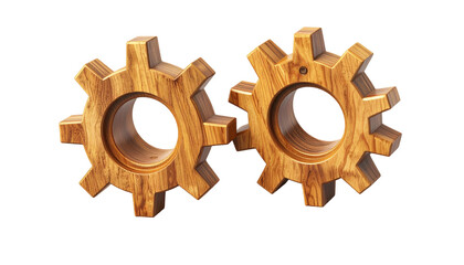 Two wooden gears interlocked, on a black background, with detailed wood grain