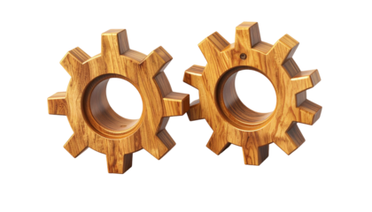 Two wooden gears interlocked, on a black background, with detailed wood grain