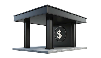 A stylized dark structure featuring columns and a prominent dollar sign