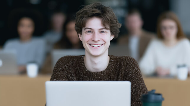 A young man radiates with joy as he works at his laptop, set against the backdrop of a modern learning environment, a portrait of focused dedication and bright future. - Powered by Adobe