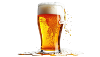 A tall glass of golden beer with a frothy head and overflow