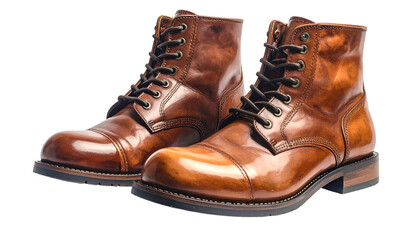 Two close-up brown leather boots on a black background, glossy, laced up, and detailed