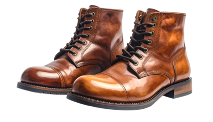 Two close-up brown leather boots on a black background, glossy, laced up, and detailed