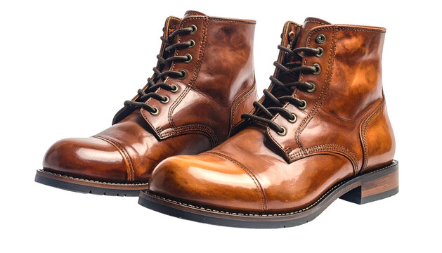Two close-up brown leather boots on a black background, glossy, laced up, and detailed - Powered by Adobe