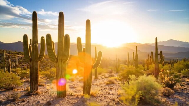 A stunning desert landscape with tall cacti silhouetted against a bright sunset, creating a warm, golden atmosphere.