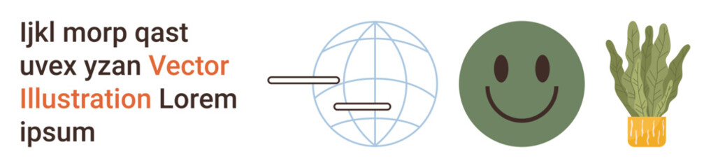 Fototapeta premium Digital communication, global networks, positivity, eco-friendly , modern design, and media content. Globe with lines, happy face and potted plant illustration. Digital communication and global