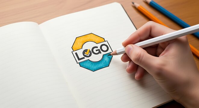 Hand drawing logo design in notebook.