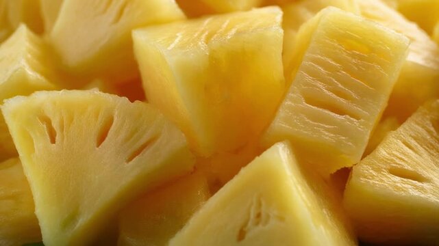 Close-up shot of juicy diced pineapple chunks, a tropical fruit ready for consumption