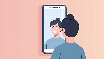Editorial illustration of a person looking into a smartphone mirror that reflects an idealized glowing version of themselves, symbolizing social media comparison and self worth distortion, clean flat 