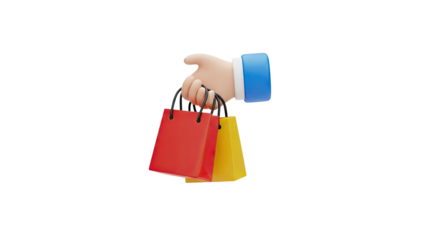 3D hand holding shopping bags on transparent background
