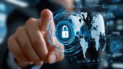 Digital Security and Global Connection: A hand touches a digital lock icon, overlaid on a world map, representing secure global communication. - Powered by Adobe