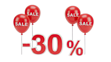 3D Red Balloons With Sale Message and 30 Percent Discount on transparent background