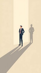 Fototapeta premium Conceptual editorial illustration of a professional person casting a confident shadow that looks larger and more powerful than themselves, symbolizing imposter syndrome and hidden self doubt, soft mut