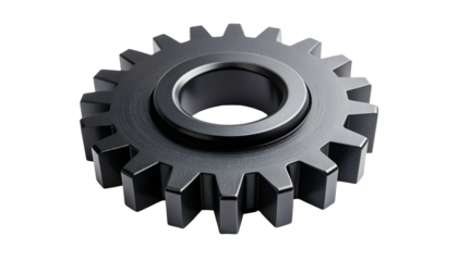 Shiny, metallic gear with teeth, isolated on a black background, realistic rendering