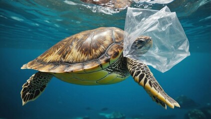 A Sea Turtle Struggling With Plastic Waste Underwater Showing the Cruel Impact of Ocean Pollution on Marine Life