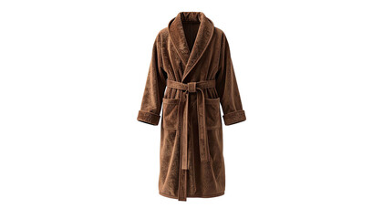 Plush, brown terrycloth bathrobe, front view, isolated against black background