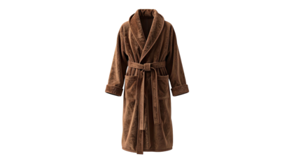 Plush, brown terrycloth bathrobe, front view, isolated against black background