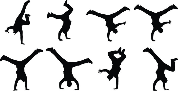 Collection of male break dancer silhouettes performing handstands and urban acrobatics, hip hop dancer set, parkour athlete extreme sports vector illustration, street dance icons